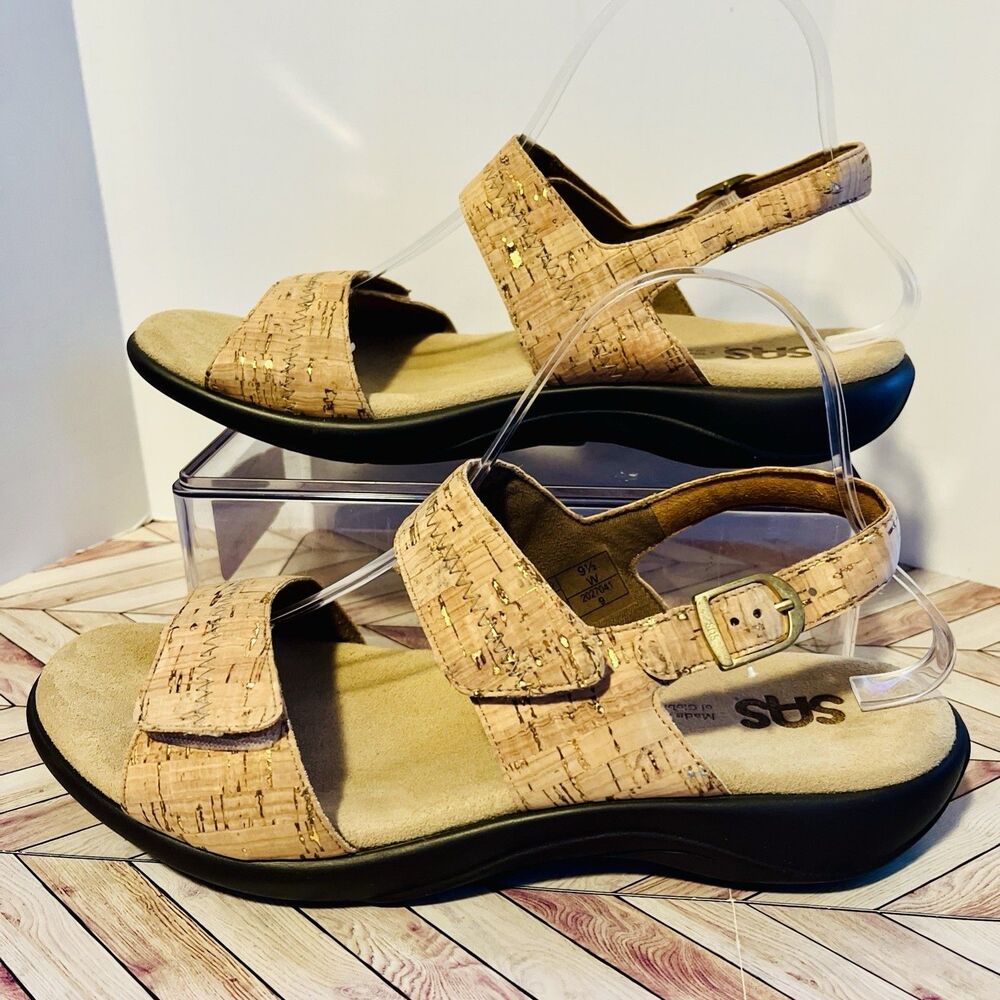 SAS Nudu Heel Strap Sandal Golden Cork Women 9.5 W Gold Metallic Comfort USA